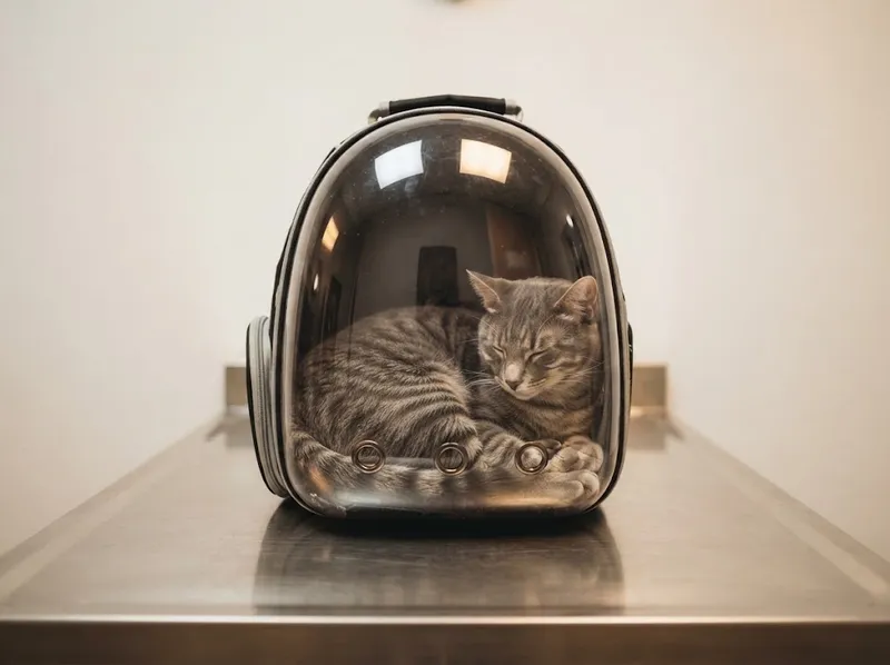 Um gato a descansar na transportadora em cima da mesa