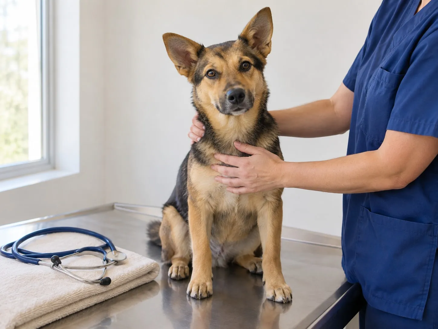 As mãos de um veterinário a acalmar um cão jovem na mesa de consulta